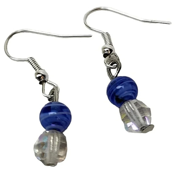 Blue Glass Ball Clear Crystal Disco Earrings - Picture 1 of 2